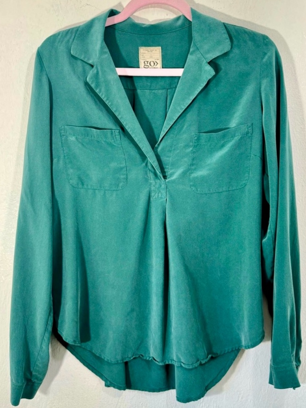 GO BY GO SILK Teal Blue Button-Down Washable 100% Silk Blouse.Size M